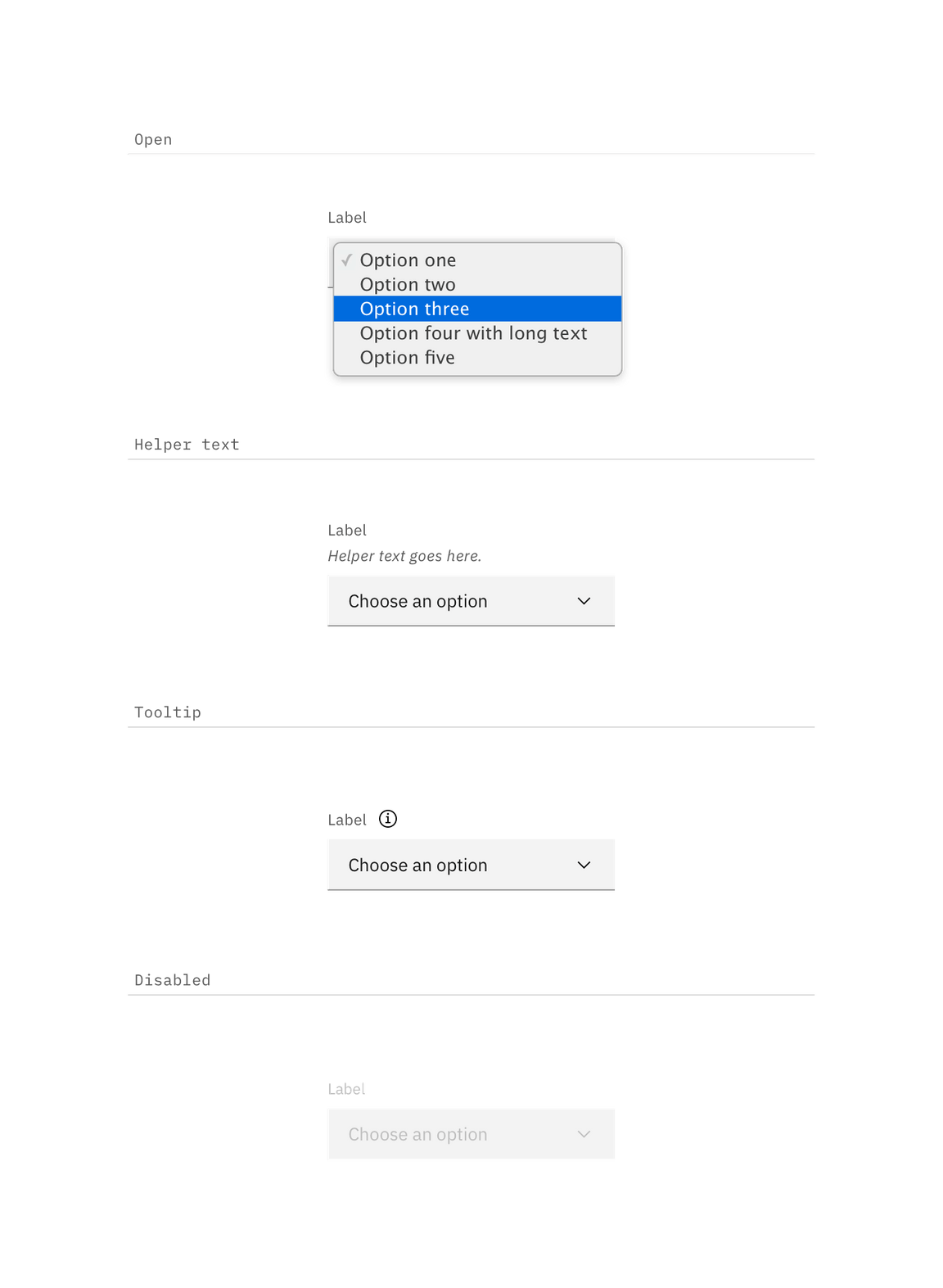 Open, disabled, and more information/help state examples for Select